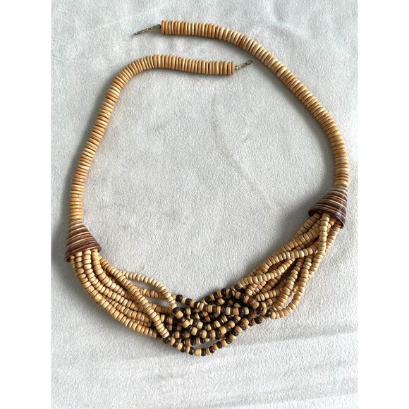 VTG Handcrafted French Designer Wood Bead Necklace Stripe Cones Boho Bohemian - Picture 1 of 4